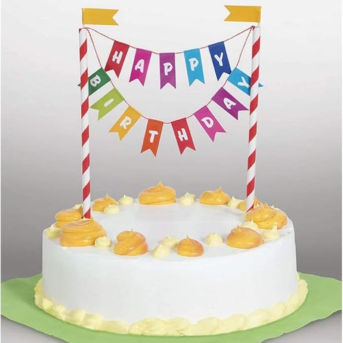 Multicolor Rainbow Birthday Bunting Paper Cake Topper - 3.5", Eye-Catching & Unique Design - Perfect Party Cake Decoration - Pack Of 1