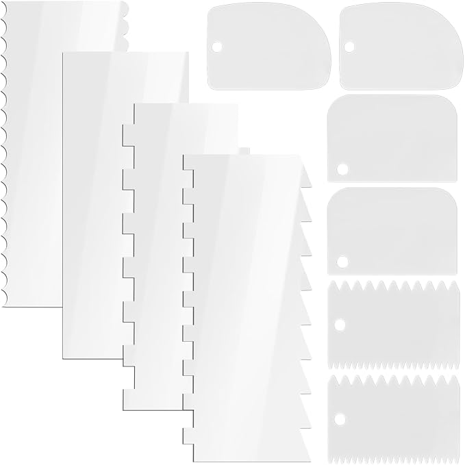 Cake Scraper Set 10 Piece, Icing Smoother and Frosting Comb Tools, 6 PP Scrapers + 4 Clear Acrylic Edge Combs, Sizes up to 9.45 x 3.94 in, for Buttercream Fondant Mousse