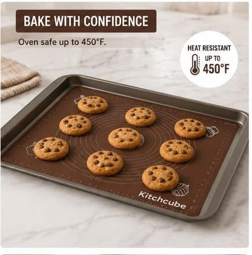 Silicone Baking Mat for Rolling Dough – Non Stick Pastry Mat with Measurement Guide for Fondant, Pizza, Bread, Pie Crust, Cookies & Baking – Reusable Food Grade Silicone Bake Mat Brown