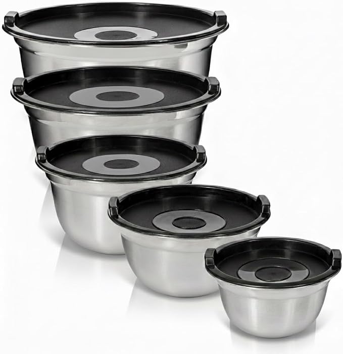 WHYSKO Stainless Steel Mixing Bowls with Lids Set - 5 Rustproof Metal Nesting Mixing Bowls Set for Kitchen, Meal Prep, Baking, Cooking, Storage, Dishwasher Safe - .75, 1, 1.5, 3 and 5 qt bowls