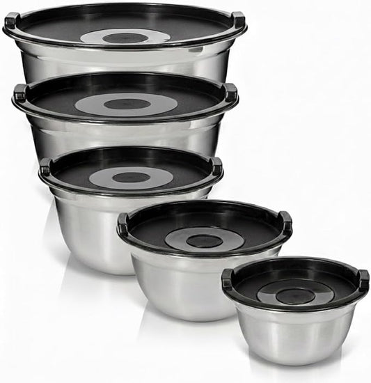 WHYSKO Stainless Steel Mixing Bowls with Lids Set - 5 Rustproof Metal Nesting Mixing Bowls Set for Kitchen, Meal Prep, Baking, Cooking, Storage, Dishwasher Safe - .75, 1, 1.5, 3 and 5 qt bowls