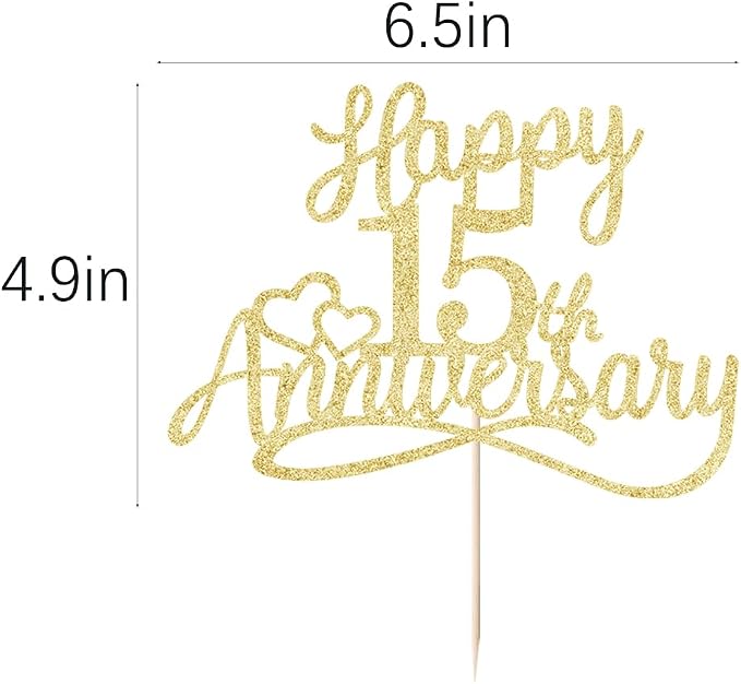 Sleyberoy Glitter Happy 15th Anniversary Cake Toppers -Wedding Anniversary Party Decorations, 15th Wedding Anniversary, Company Anniversary Party, Birthday Party Decorations
