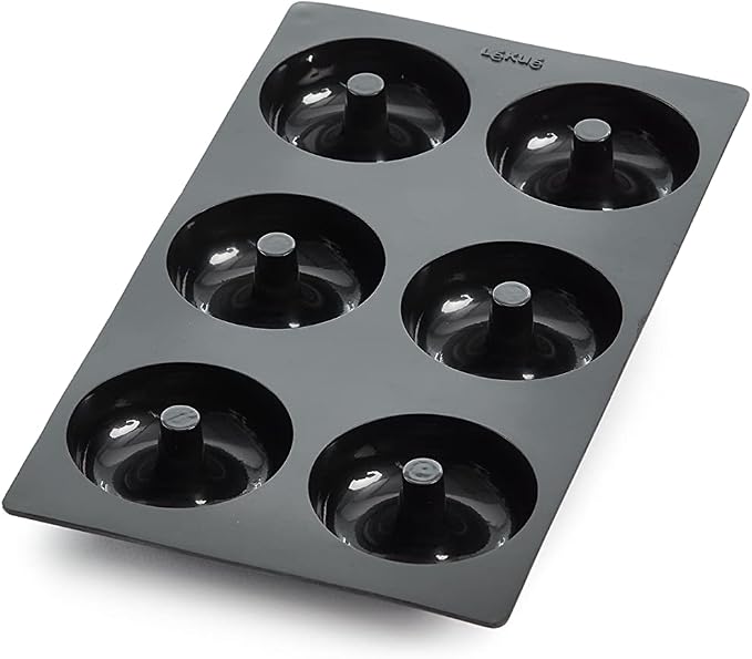 Lékué Platinum Silicone Donut Mold | 6 Non-Stick Holes For Baking - No Grease Needed | Pop-Out Oven Cake Molds | Heat-Resistant, Freezer Safe, Microwave Safe, Dishwasher Safe | Black