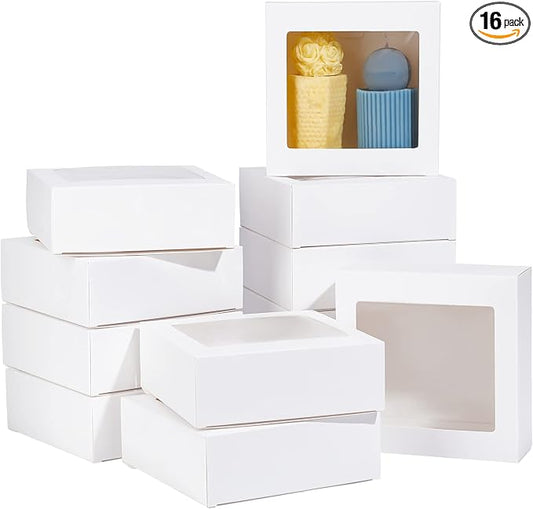 BENECREAT 16Packs 5.5x5.5x2inch Clear PVC Square Window Gift Boxes, White Kraft Paper Present Boxes for Wedding Favor, Festival Gift Packaging, Chocolates, Cookies Small Crafts