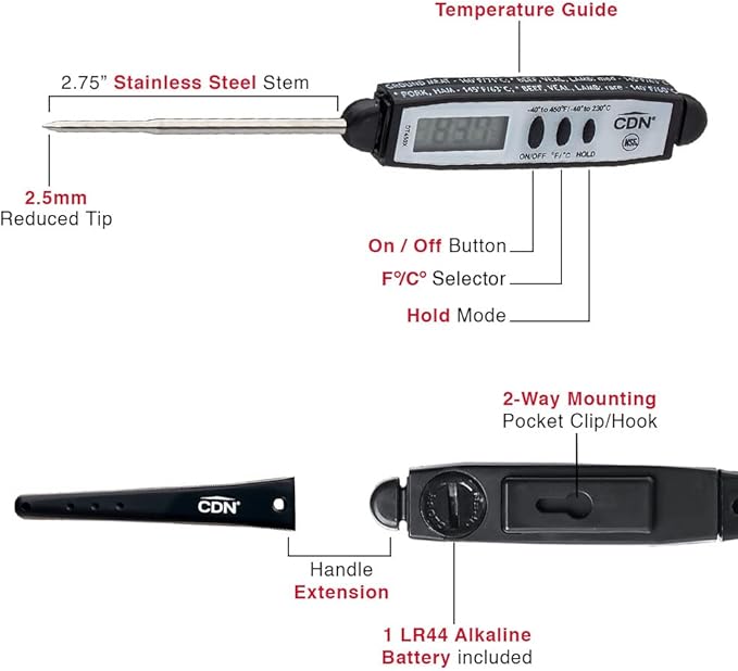 CDN Waterproof Digital Cooking Thermometer Instant Read 2.75" Stainless Shatterproof Ideal for Meat, Poultry, BBQ NSF Certified, Black (DT450X)