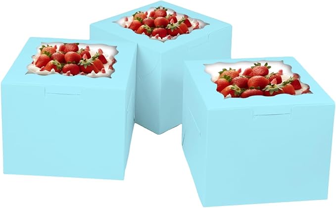 Bakepacker 36pcs 6x6x5 Inches Cake Boxes with Window 18-Packs Light Blue 6 Inch Bakery Boxes (18 Cake Boxes +18 Cake Boards Included)