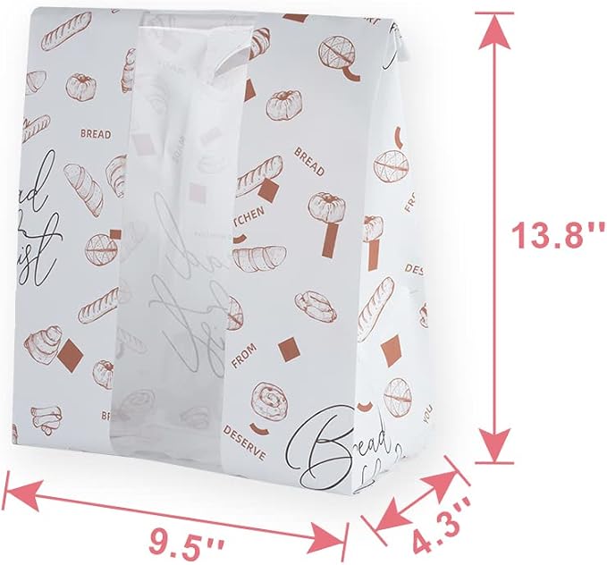 50 Pack Paper Bread Bags with Front Window, 13.8 x 9.5 x 4.3 Inch Large Paper Bread Bags for Homemade Bread Gift Giving with Stickers