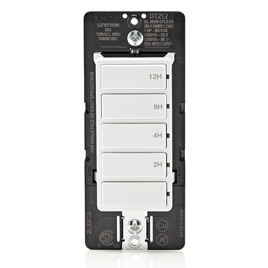 Leviton Countdown Switch for lights, attic, heaters, pool pumps, 2-4-8-12 hour, Neutral Wire Required, 20A, 1 HP/16A Fan/Motor, Single Pole, Multi-Way or Multi-Timer, DT212-1LW, White