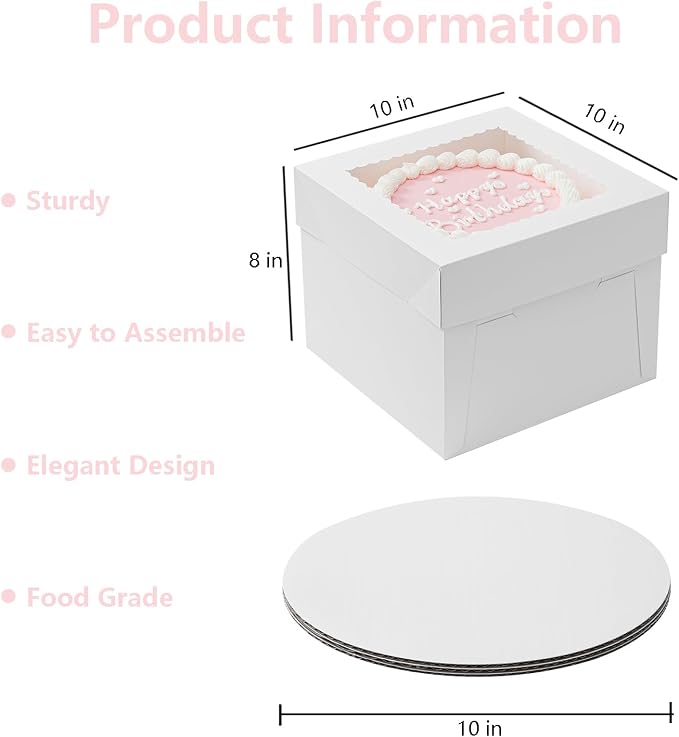 5 Pack Cake Boxes, 10x10x8 Inches Tall Cake Box with Cake Boards, White Bakery Boxes with Window, Disposable Cake Containers with Lids for Cake, Donuts, Pies, Cookies, Wedding, Birthday, Party