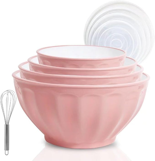 Mixing Bowls with Lids Set,4 Piece Large Plastic Nesting Bowls,Includes 4 Microwave safe Mixing Bowl and An Egg Whisk for Kitchen Prepping,Baking,Cooking Food, Pink
