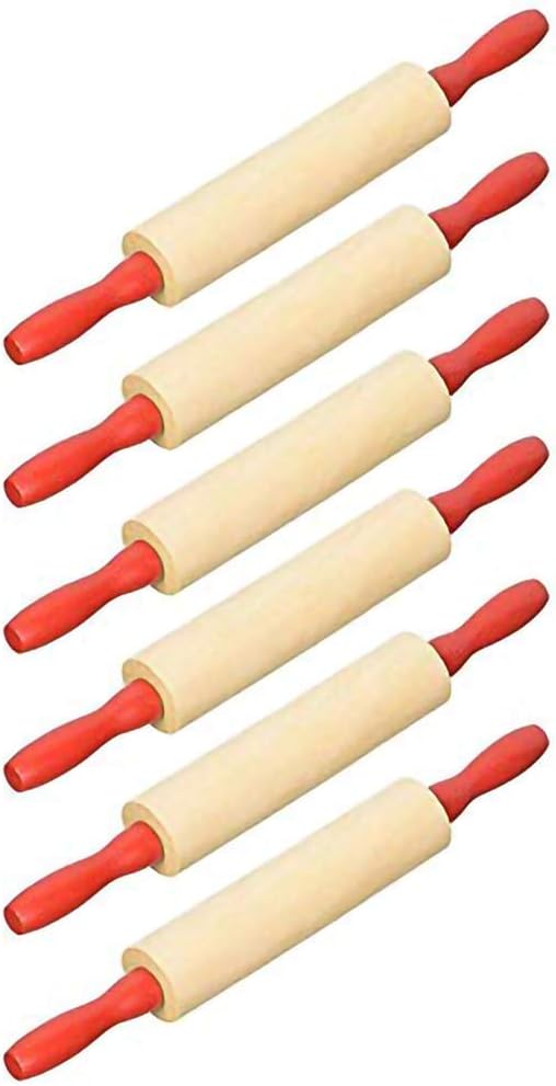 The Dreidel Company Mini Rolling 7.5 Inch 6-Pack Rolling Pin for Play Dough - Wood Kids Rolling Pin For Little Bakers, With Red Handles Arts and Crafts Clay Roller, 7.5" (Pack of 6)
