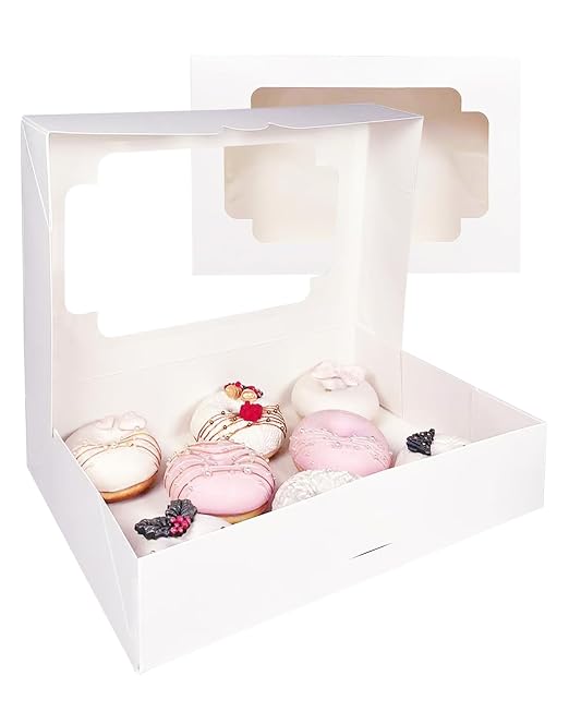 Auto-pop up White Cookie Box with Window 12x8x2.5 inch 32 Packs Two Uses One Second Folding Pastry Biscuit Bakery Box for Packaging