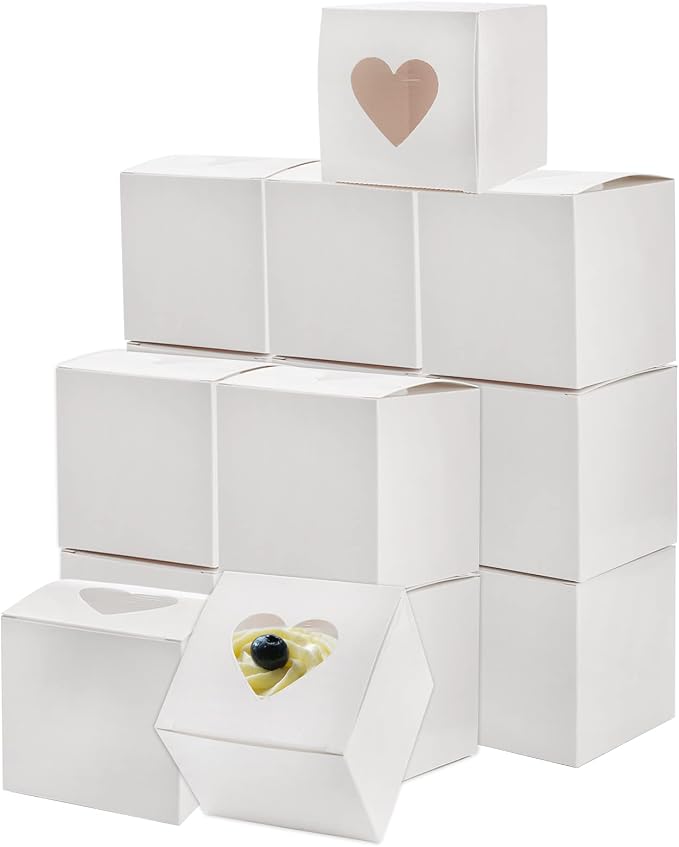 100 Pack White Individual Cupcake Containers with Heart Shaped Window, 3 Inch Small Single Bakery Box Cardboard Holder for Mini Cake Cookie Dessert, Packaging Togo Box for Birthday Party Favor