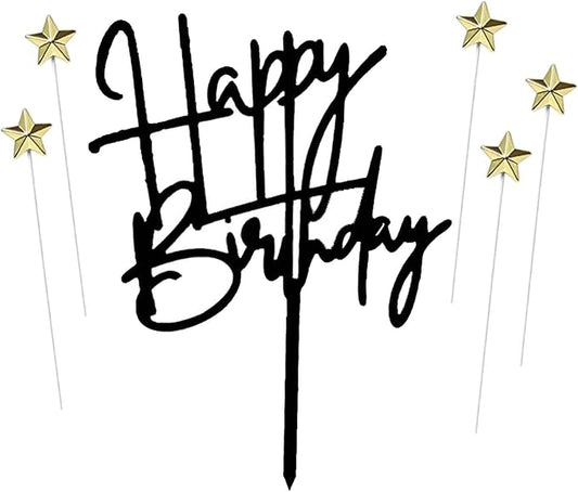 ZHENGYE Set of 1 Acrylic Happy Birthday Cake Topper Sign And 5 Gold Stars Cake Toppers For Birthday Cake Decorations(Black 30)