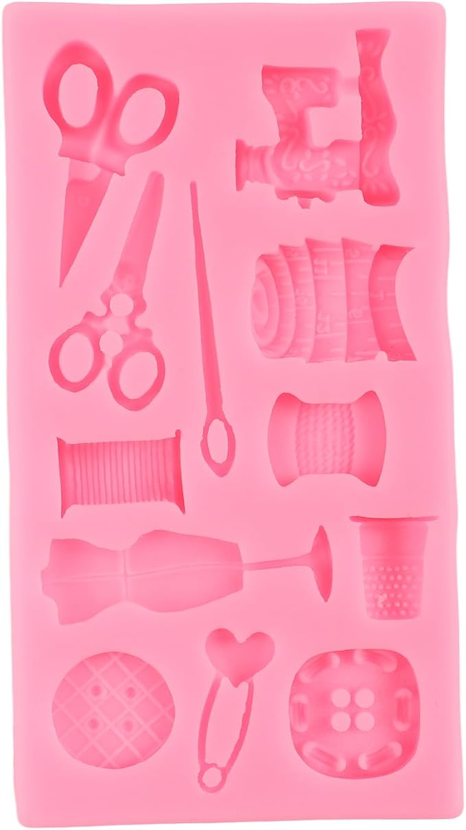 Sewing Tools Silicone Molds Scissors Button Sewing Designer Clothes Fondant Molds Sewing Machine Mold for Cake Decorating Cupcake Topper Chocolate Candy Gum Paste Polymer Clay