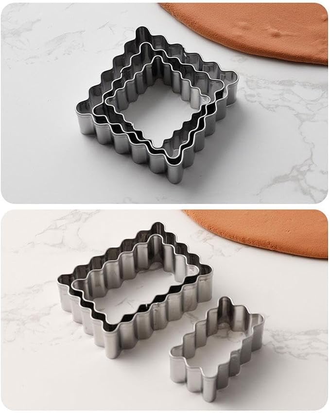 3Pcs Rectangle Square Scalloped Edge Cookie Cutter Set, Stainless Steel Rectangle Biscuit Molds Rectangle Pastry Fluted Edge Cutters for Homemade Baking, Assorted Sizes - 1.3 Inch,1.7 Inch,2.1 Inch