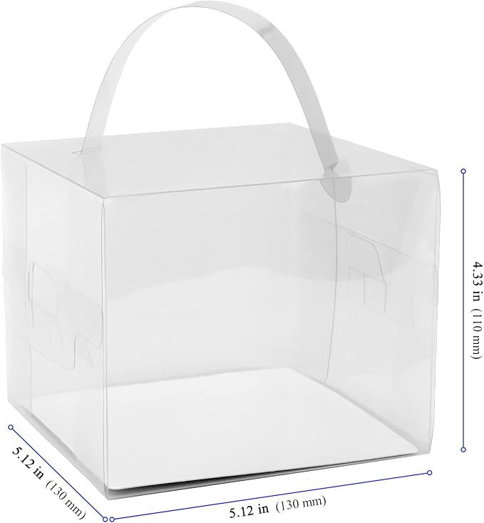 KEILEOHO 50 PCS 5 x 5 x 4 Inch Transparent Bakery Boxes, Clear Cake Box, Plastic Cake Carrier with Lid and Handle Transparent Gift Favor Box Cupcake Treat Boxes for Party, Wedding