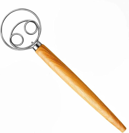 LorisArm Danish Dough Whisk, 13-inch wood handle Stainless Steel Dough Hook Dutch Whisk for Bread Sourdough Mixer Hand Wooden Handle Kitchen Whisking Mixing Tool