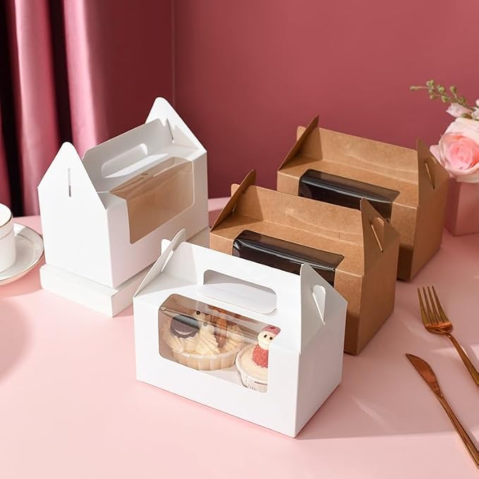 25Pcs Cupcake Containers -2 Holders Individual Cupcake Boxes with Clear Window Inserts and Handle Cupcake Muffins Cupcake Carriers for Birthday Party Wedding Cookies Pastries (Brown)