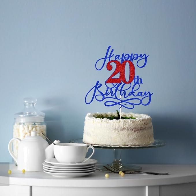 Happy 20th Birthday Cake Topper,Deep blue font red Numbers 20th Birthday Cake Decoration,Hello 20, Cheers to 20 Years/20th Anniversary,20& Fabulous Party Decoration