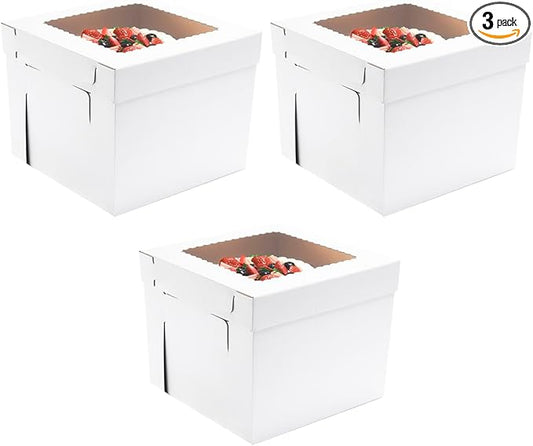 JJO Tall Cake Boxes for Tier Cakes, 14x14x12 Inches 3 Pack,Whie Cake Boxes with Window,Disposable Cake Containers, Sturdy Wedding Tall Cake Carrier