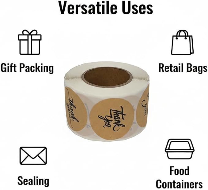 500pcs Thank You Stickers Roll – 1.5" Round Kraft Paper Labels with Black Script – Self-Adhesive Stickers for Small Business Packaging, Paper Bags, Gift Boxes Envelopes