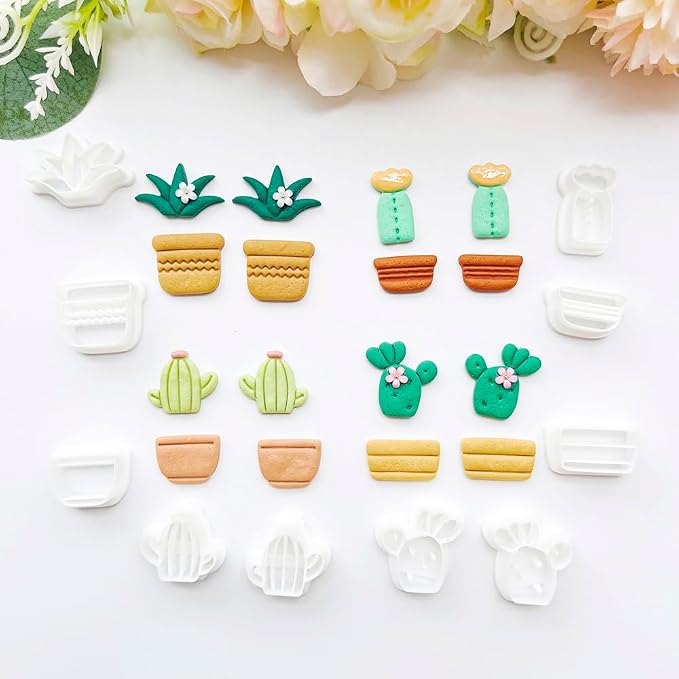 Cute Cactus Polymer Clay Cutters Set - 10pcs Cartoon Succulent Plant & Flower Pot Shapes for DIY Earring Jewelry Making, Soft Clay Crafts, Scrapbooking & Miniature Decor