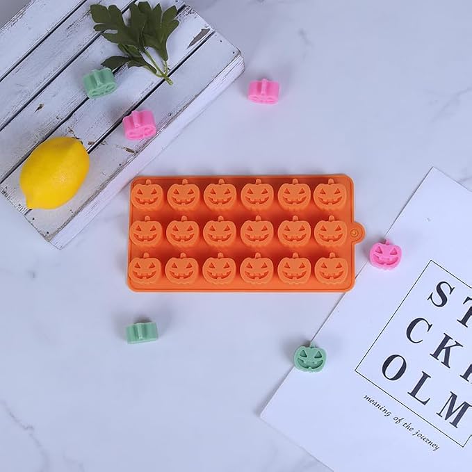 18 Cavities Silicone Cookies Biscuit Mold, Christmas Halloween Candy Mold, Reusable DIY Baking Mold Jelly Chocolate Mold, Ice Cube Tray Wax Melt Molds(Set of 2 Orange Pumpkin)