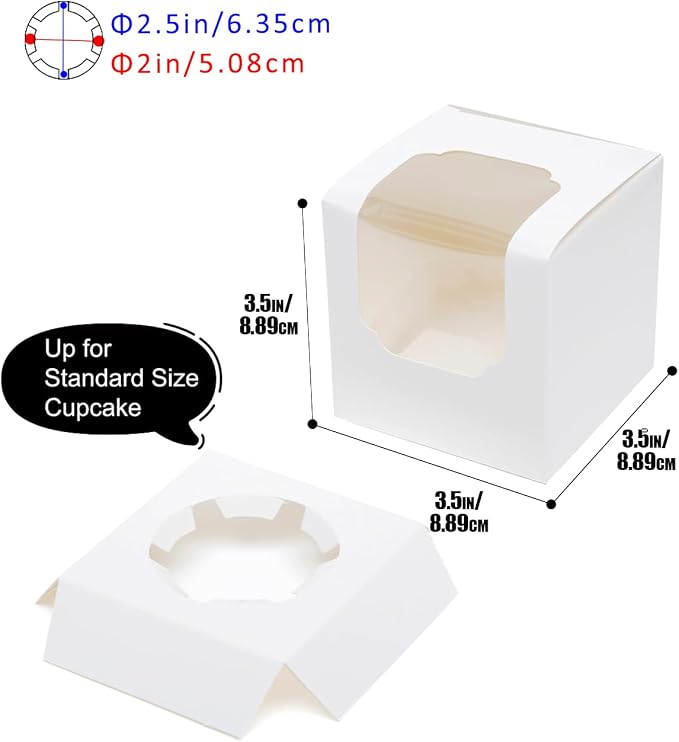 Bakepacker Auto-pop up Cupcake Boxes 200-Packs White 3.5" x 3.5" x 3.5", for Cake, Treat Cookie Dessert, Pastry, Birthday Party, Weddings