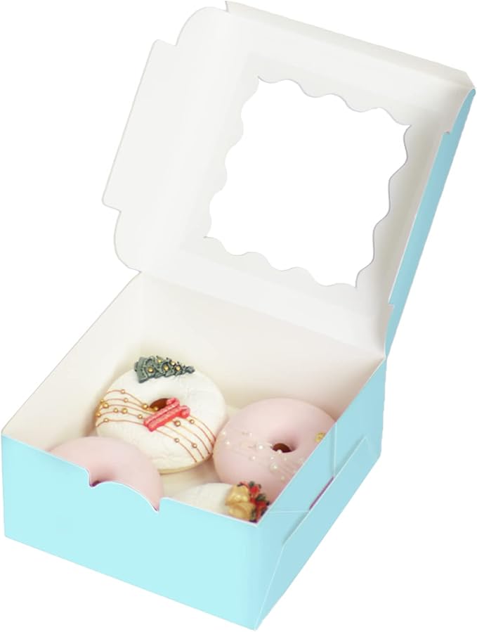 Bakepacker 60pcs Light Blue Cookie Boxes 6x6x3 inches Easy Assemble Macaroon Pastry Boxes Bakery Boxes with Window for Bakery