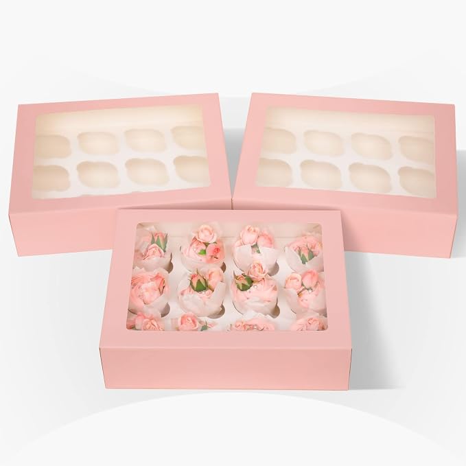 Bakepacker 12 Cupcake Containers 10-Packs Pink Cupcake Box Cupcakes Carrier, 12 Cupcake Boxes with Window 13"x10"x3.5"（Auto-pop up）
