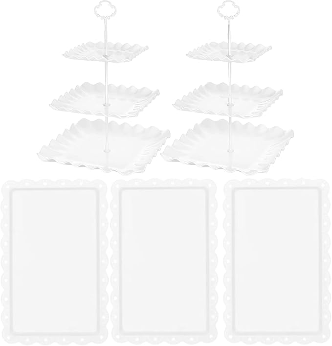 5 Pcs Cupcake Stand Set - Plastic Dessert Table Display Set, 2 White Square 3 Tier Cupcake Display Stands Cookie Tray Rack Serving Tower & 3X 14 in Plastic Trays for Wedding Baby Shower Tea Party