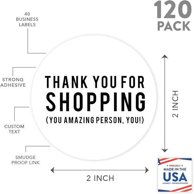 Andaz Press Round Small Business Sticker Labels, 120-Pack, Thank You for Shopping, You Amazing Person, You! Packaging Stickers, Product Labels for Small Business Thank You Stickers