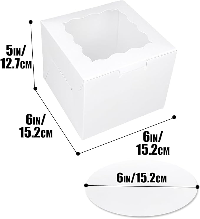 qiqee White 6"x6"x5" Cake Box 4Pcs, 6" White Cake Round Boards 4Pcs, for Cake, Treat Cookie Dessert, Birthday Party