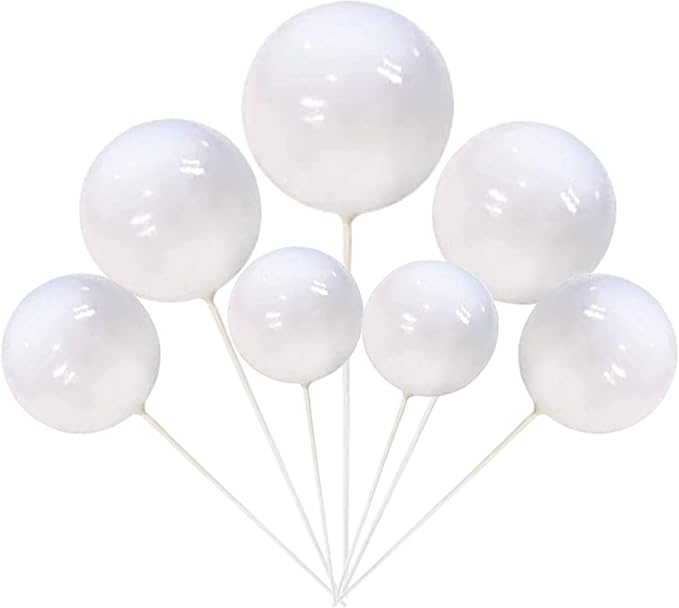 24 PCS Balls Cake Toppers Ball Cake Picks Foam Ball Shaped Cupcake Toppers Mini Balloons Baby Shower Cake Decorations for Wedding Enaggement Bridal Shower Birthday Party Supplies White