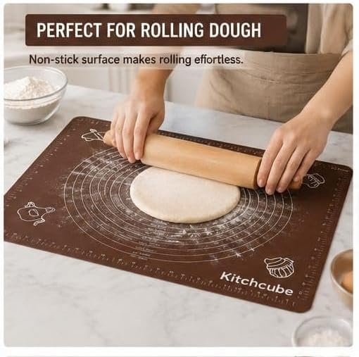 Silicone Baking Mat for Rolling Dough – Non Stick Pastry Mat with Measurement Guide for Fondant, Pizza, Bread, Pie Crust, Cookies & Baking – Reusable Food Grade Silicone Bake Mat Brown