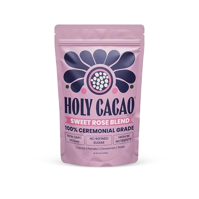 Holy Cacao Sweet Rose Blend – Organic Ceremonial Grade Cacao with Rose Petals, Flavanol Rich Cocoa Powder, Vegan, Gluten Free Drinking Chocolate for Meditation, Mindfulness & Rituals, 8 oz
