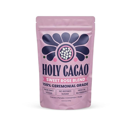 Holy Cacao Sweet Rose Blend – Organic Ceremonial Grade Cacao with Rose Petals, Flavanol Rich Cocoa Powder, Vegan, Gluten Free Drinking Chocolate for Meditation, Mindfulness & Rituals, 8 oz
