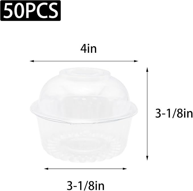 50pcs 3.86x3.86x3.15in Clear Clamshell Containers - BPA-Free Plastic Cupcake Boxes for Mini Bundt Cakes, Cake Slices & Desserts (Dome Lids, Bulk Pack) for Home & Events