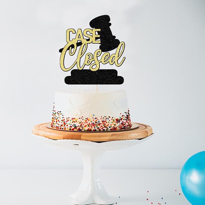 Case Closed Cake Topper - Congrats Lawyer Cake Decor - Law School/College Graduation Black Gold Glitter Party Decorations Supplies
