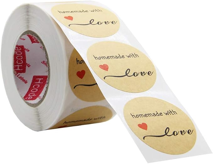 Hcode 500 Natural Kraft Paper Round Homemade with Love Stickers with Red Heart 1.5 Inch Adhesive Label (1 roll, Homemade with Love)