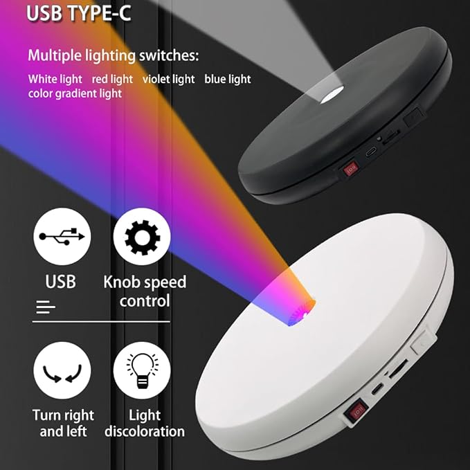 JAYEGT Multicolor LED Light Motorized Rotating Display Stand , 10 inch /55lbs Load, 360° Electronic Photography Turntable for Product Shows, Jewelry, Crystal Art (White / 5 Colors Light / Rechargeable)