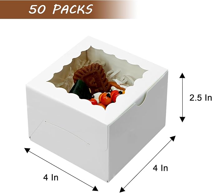 XINHPKGG 50pcs Cookie Boxes 4x4x2.5 Inch Bakery Boxes with Window Treat Box Dessert Box for Wedding Favors Party - White
