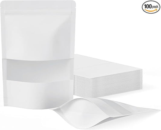 FireKylin 100 Pcs Resealable Bags, Paper Stand Up Pouches Bags with Matte Window for Small Businness, Zipper & Heat Sealable Treat Bags for Packaging(Inner Size 4.9" x 5"; Outer Size 5.5" x 7.9")