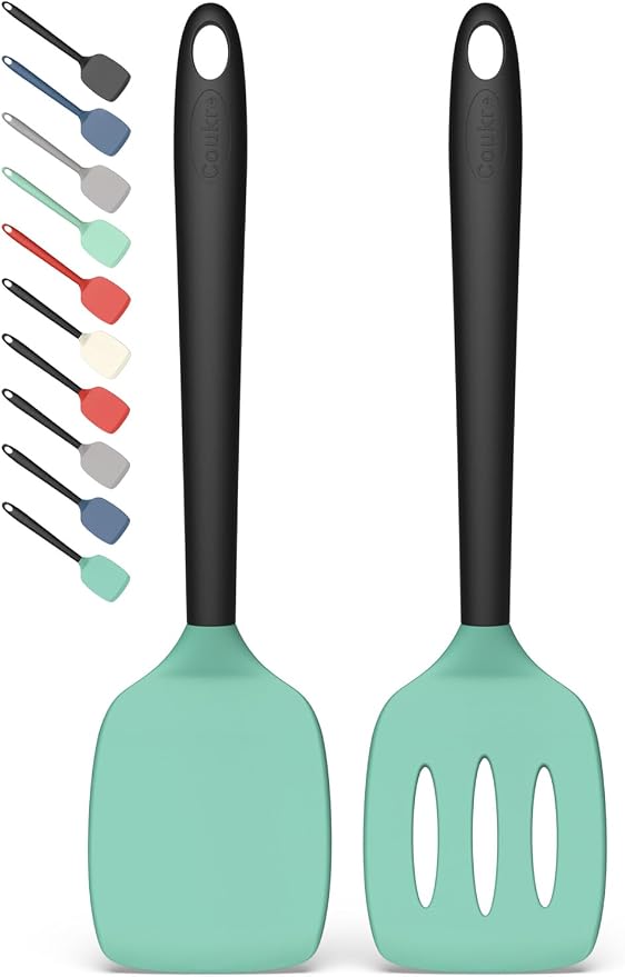Coukre 2 Pack Silicone Spatula Set, High Heat Resistant, BPA Free Kitchen Spatula, Solid & Slotted Turner for Non-Stick Pans, Sautéing, and Flipping (2, AquaGreenBlack)