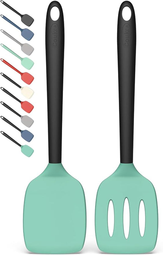 Coukre 2 Pack Silicone Spatula Set, High Heat Resistant, BPA Free Kitchen Spatula, Solid & Slotted Turner for Non-Stick Pans, Sautéing, and Flipping (2, AquaGreenBlack)