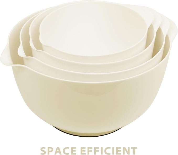 BoxedHome 4.5 Quart Large Plastic Mixing Bowls, Microwave Safe Mixing Bowl Set with Pour Spout, Nesting Bowls for Space Saving Storage(Beige)
