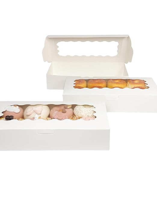 qiqee 50 Packs White Cookie Box with Window 12x5.5x2.5 Inch Two Uses Pastry Biscuit Bakery Box For Packaging