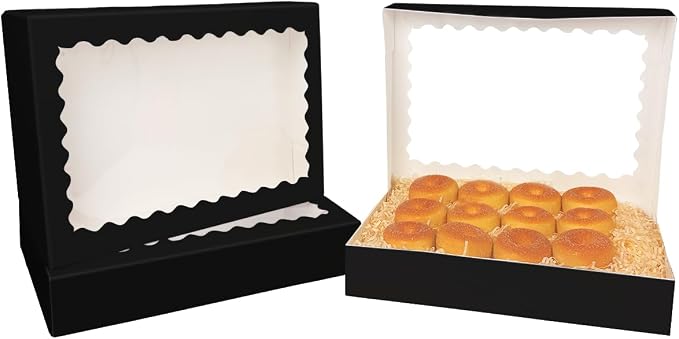qiqee Auto-pop Up Black Cookie Box with Window 16x10.5x2.5 Inch 24Pcs Bakery Pastry Macaron Bakery Box for Packaging