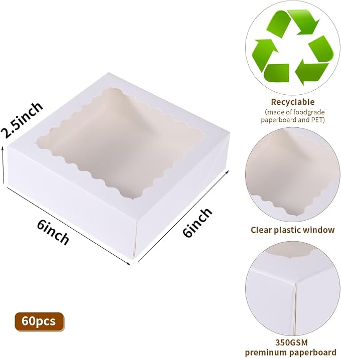 60 pcs White Cookie Box,6x6x2.5 Inch Bakery Boxes with Window Pies Chocolate Strawberries Muffins Biscuit Pastry Dessert Box For Packagingh